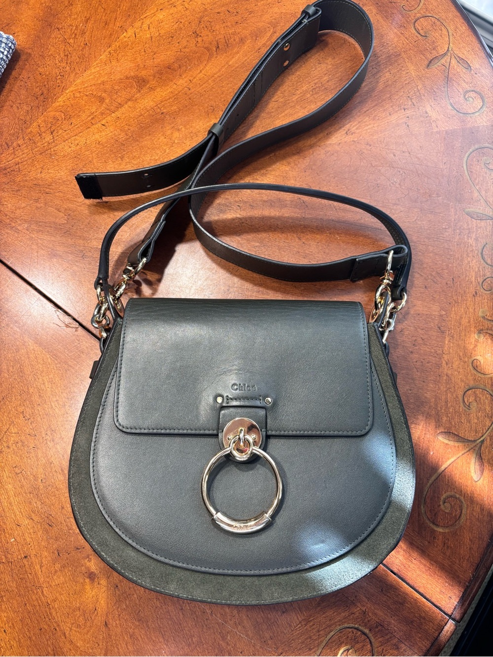 Authentic Chloé Tess Large Shoulder Bag,Dark Green Leather &Suede, Gold Hardware